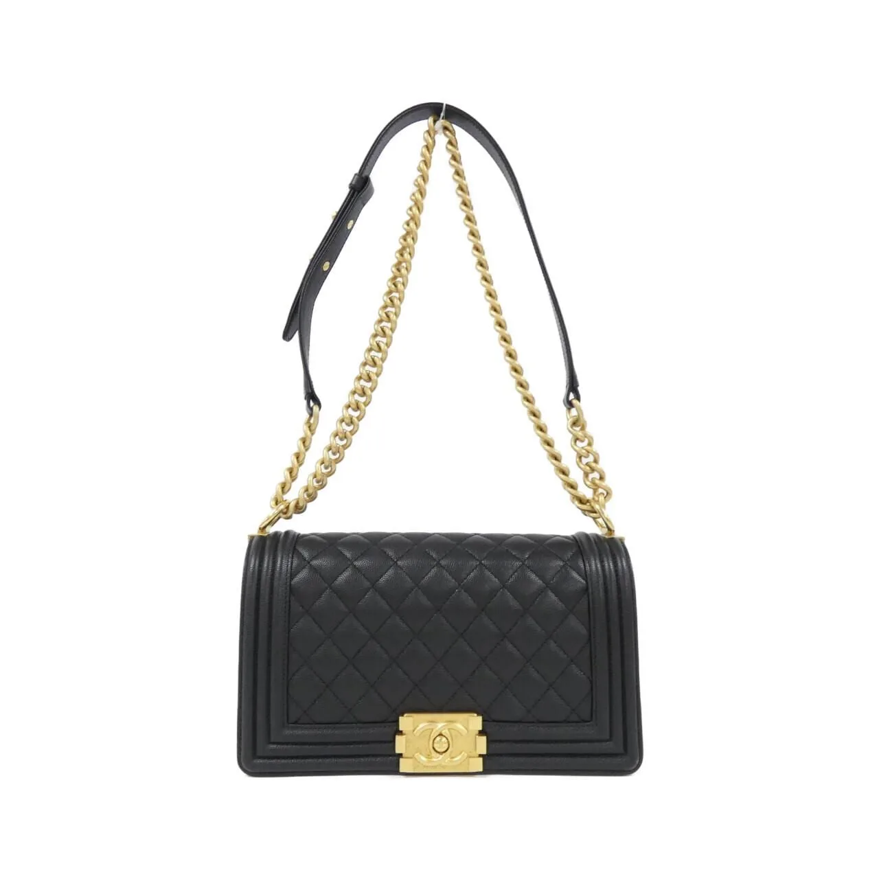 CHANEL Boy Chanel 67086 Shoulder Grained Calfskin Black