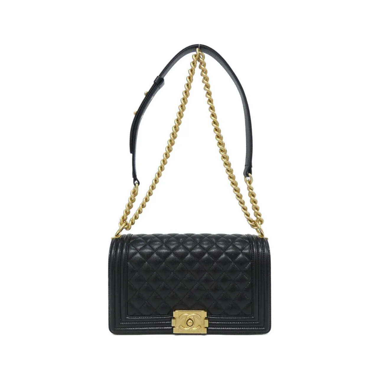 CHANEL Boy Chanel 67086 Shoulder Grained Calfskin Black