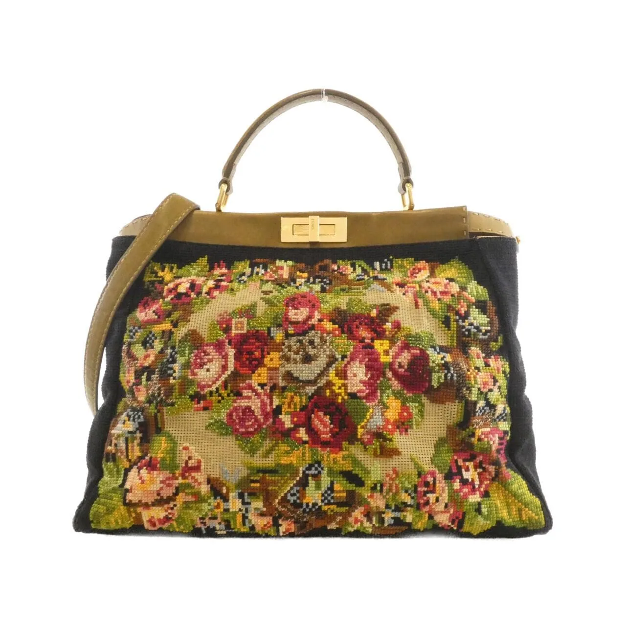 FENDI Peekaboo 8BN210 DKB Handbag Cotton Black