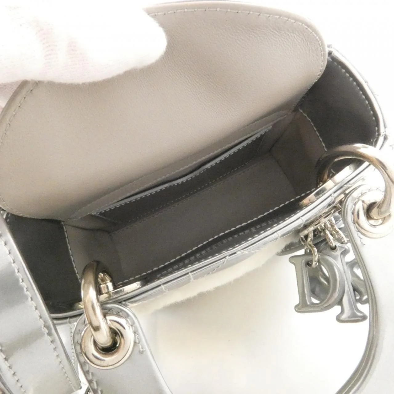DIOR Handbag Patent Leather 銀色 漆皮 中古品A - 縮圖 6