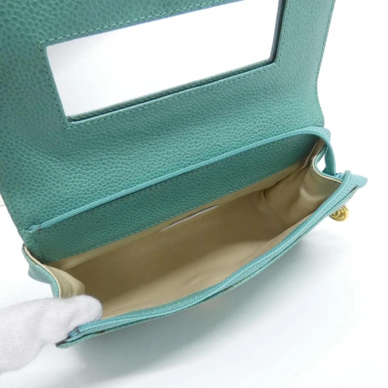 CHANEL 07007 Pouch Grained Calfskin 綠色 荔枝紋牛皮 中古品A - 縮圖 4