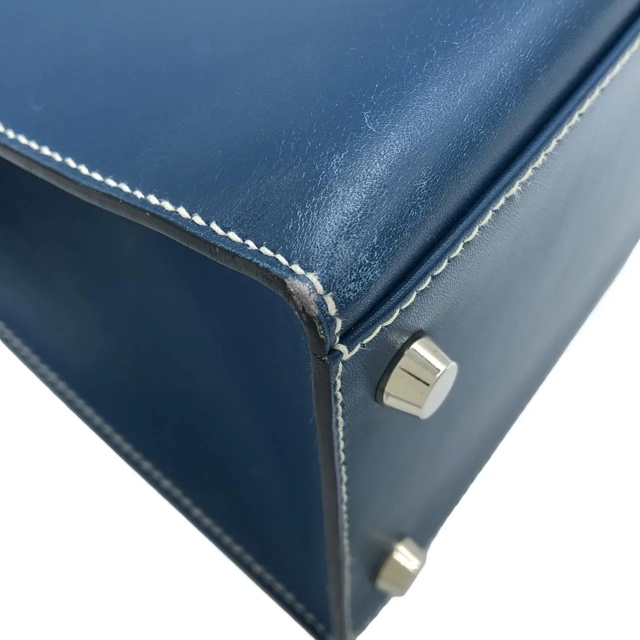 HERMES Kelly Handbag Box Calf 藍色 Box 皮 中古品B - 縮圖 3