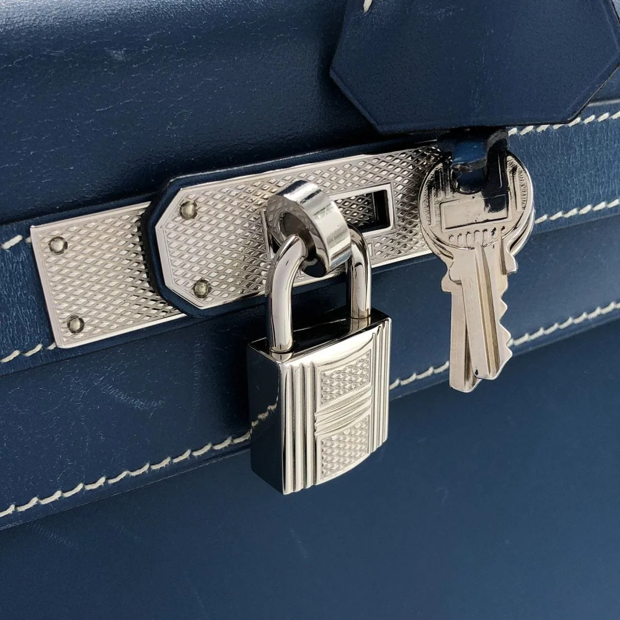 HERMES Kelly Handbag Box Calf 藍色 Box 皮 中古品B - 縮圖 4