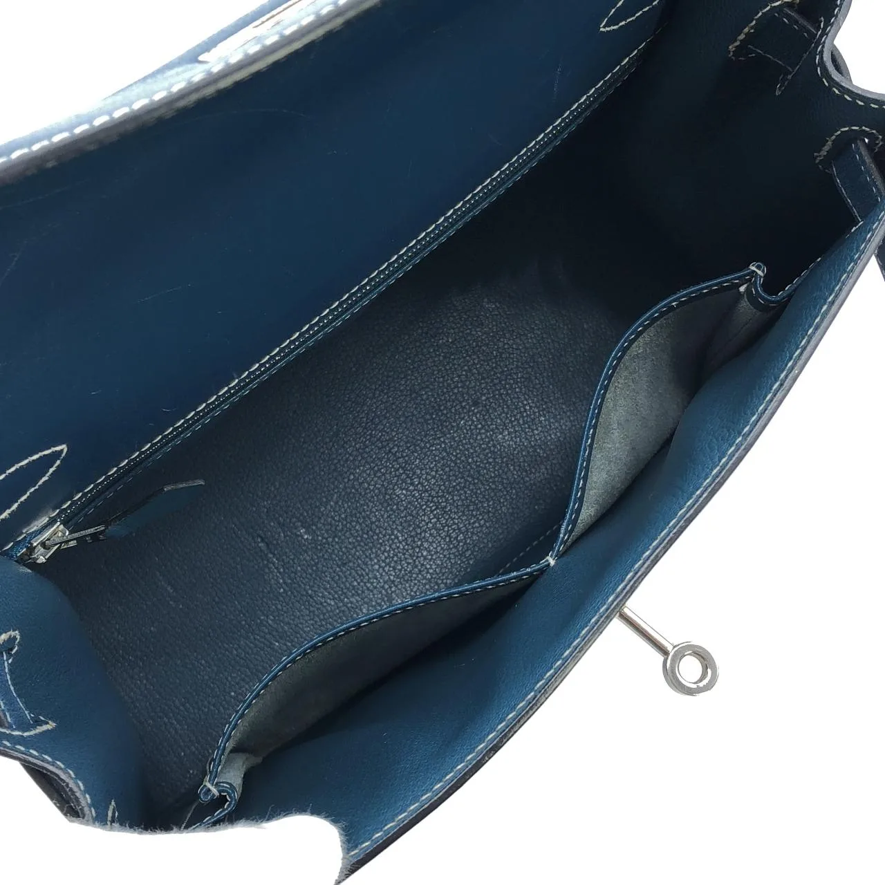 HERMES Kelly Handbag Box Calf 藍色 Box 皮 中古品B - 縮圖 9