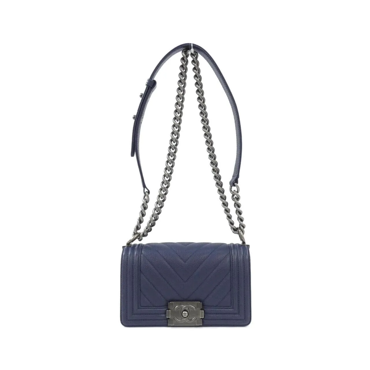 CHANEL Boy Chanel 67085 Shoulder Grained Calfskin Navy
