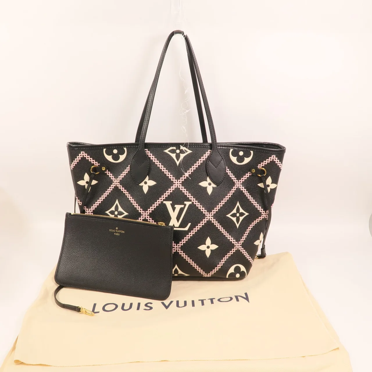 LOUIS VUITTON Neverfull M46040 Tote Bag Calfskin 黑色 / Black/Beige/Pink Calfskin Rank A - Thumbnail 8