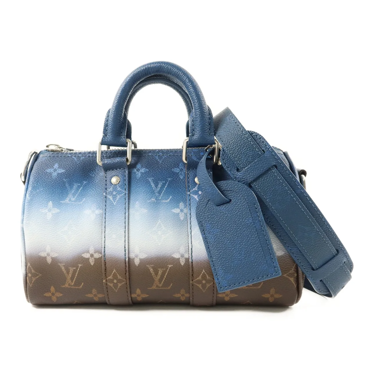 LOUIS VUITTON Keepall M28026 2-Way Bag Coated Canvas 藍色 / 棕色 / Blue/White/Brown